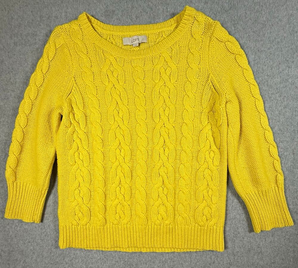 LOFT Womens Yellow Cable Knit Crew Neck 3/4Sleeve Pullover Sweater Size L